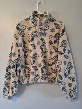 Peanuts Cream Sherpa Jacket with Teal Snoopy Print